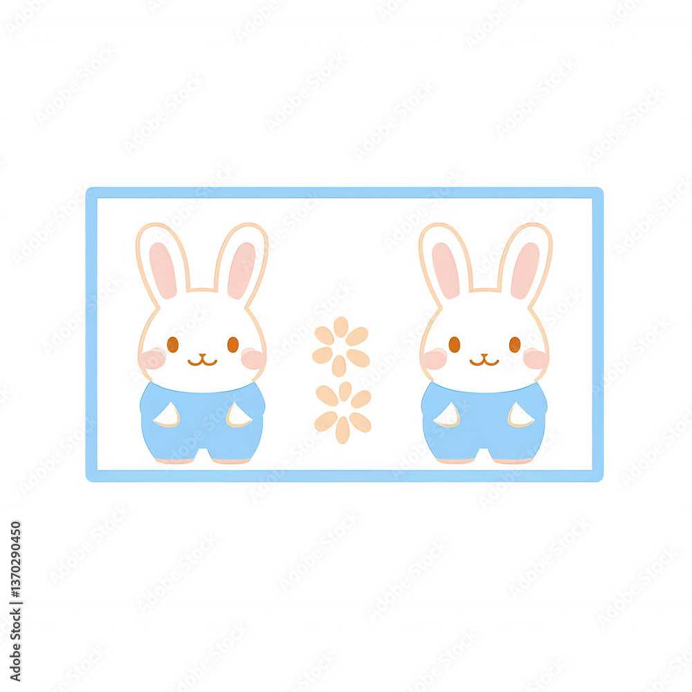 Obraz premium Cute cartoon rabbits with big ears, wearing blue outfits. Ideal for Easter-themed designs or children's illustrations, featuring cheerful expressions against a simple background.