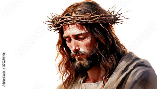 watercolor-style digital painting of Jesus Christ with a crown of thorns, solemnly gazing do isolated on transparent white background.