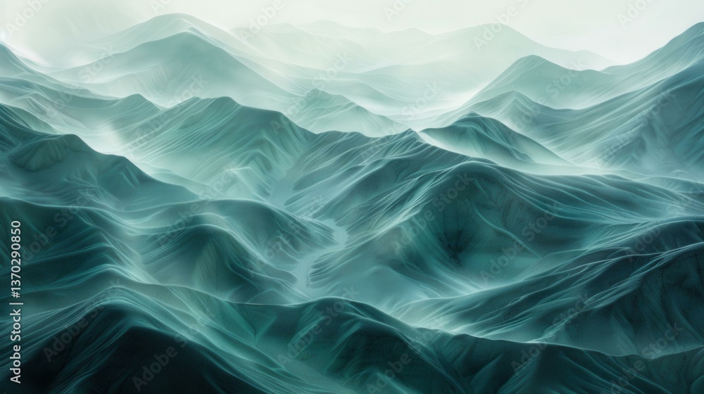 Obraz premium Aerial View of Foggy Mountain Ridges with Teal Tones and Dynamic Textures Evoking a Sense of Movement