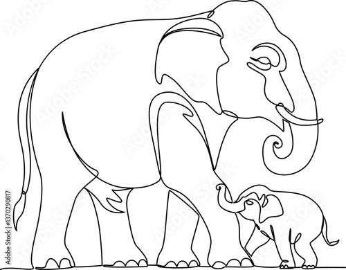 Mother elephant with baby one line art vector