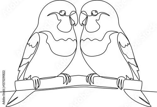 Lovebirds touching beaks one line art vector