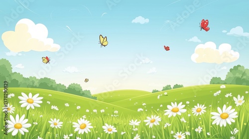 stylized illustration of a spring meadow landscape; featuring a bright blue sky with fluffy white clouds, rolling green hills