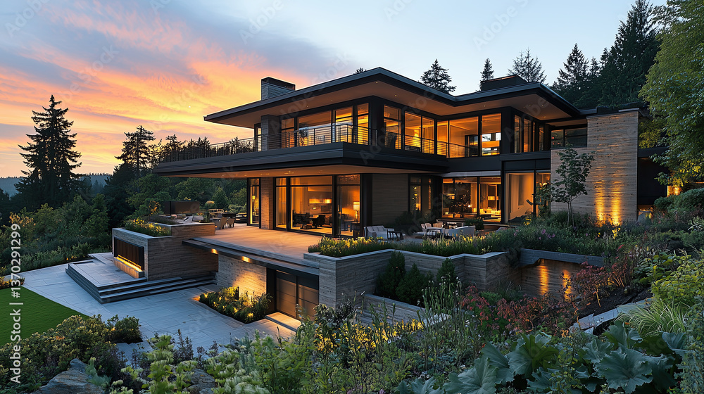 Obraz premium stunning modern house with large windows and beautiful sunset backdrop, surrounded by lush greenery and landscaped gardens