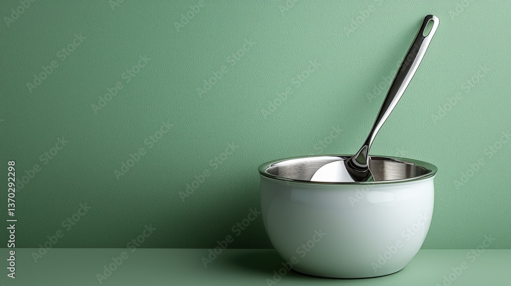 Stainless steel ladle in a glossy ceramic pot on a green background Stainless steel ladle in a glossy ceramic pot on a green background
