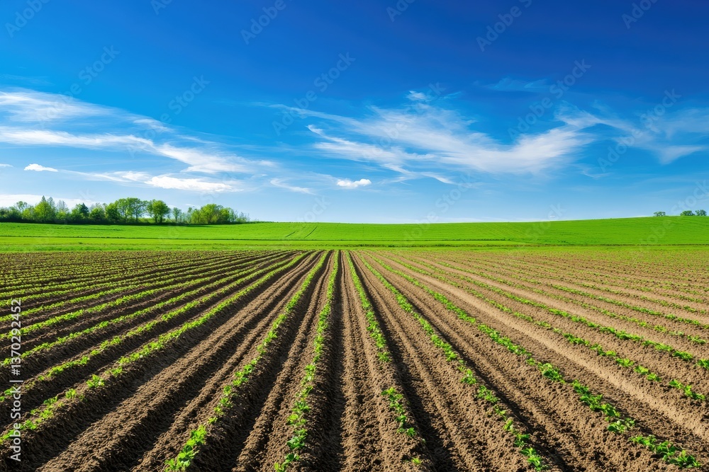 Green Field of Young Crops Under Bright Blue Sky on Sunny Day Agriculture Cultivation Scenery with Rows of Sprouting Plants Rural Farmland Under Open Sky Green Field of Young Crops Under Bright Blue Sky on Sunny Day Agriculture Cultivation Scenery with Rows of Sprouting Plants Rural Farmland Under Open Sky