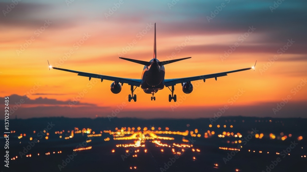 Passenger airliner touching down on illuminated runway, silhouetted against vibrant sunset with urban landscape glowing beneath wings Passenger airliner touching down on illuminated runway, silhouetted against vibrant sunset with urban landscape glowing beneath wings