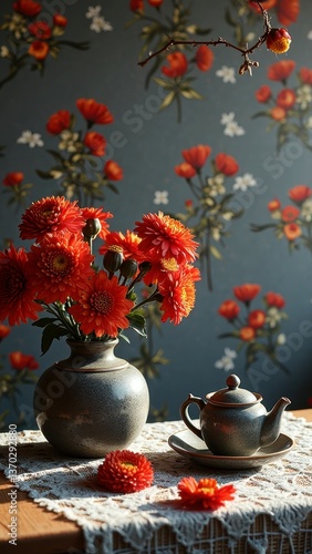 Wallpaper Mural Vibrant chrysanthemum bouquet with ceramic teapot on lace-covered table against floral wallpaper Torontodigital.ca