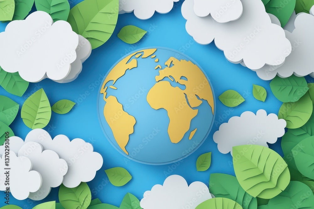 Naklejka premium Eco Friendly Earth Day Concept Paper Cutout Globe Leaves Clouds