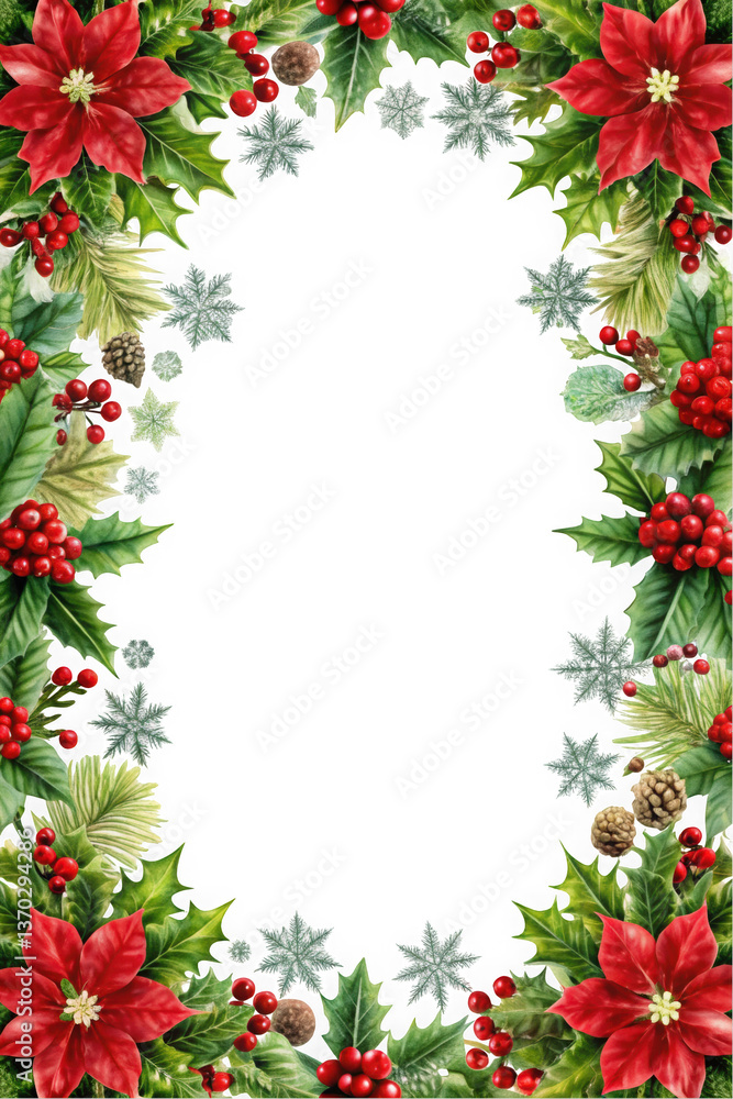 A vibrant holiday frame featuring red poinsettias, green holly leaves, and festive berries, perfect for Christmas greetings and seasonal decorations. A vibrant holiday frame featuring red poinsettias, green holly leaves, and festive berries, perfect for Christmas greetings and seasonal decorations.