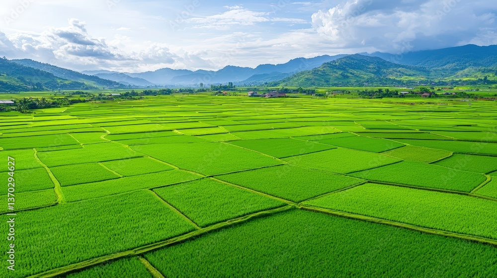 Fototapeta premium Lush green rice fields stretch across rolling hills under a bright sky, showcasing vibrant agricultural landscapes and natural beauty.