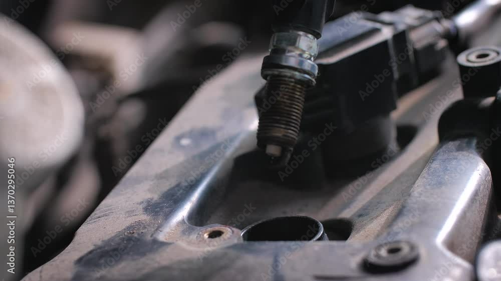 The mechanic replacing spark plugs for gasoline engines that are old and have expired will cause incomplete combustion in the engine, in soot and dirt. Changing spark plugs The mechanic replacing spark plugs for gasoline engines that are old and have expired will cause incomplete combustion in the engine, in soot and dirt. Changing spark plugs