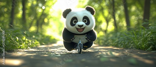 A Cute Panda Riding a Tiny Bicycle with a Big Smile, Playful and Adorable in a Heartwarming Scene