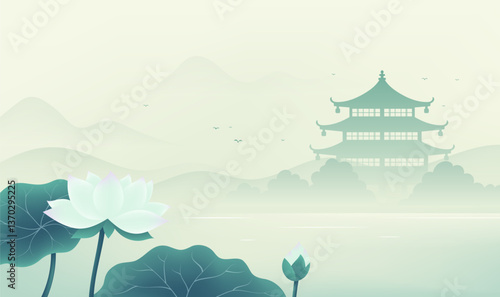 Chinese style horizontal illustration design lotus and architectural landscape