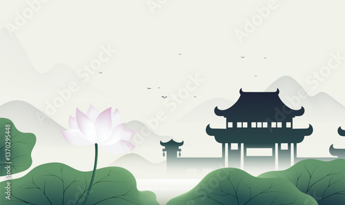 Chinese style horizontal plate illustration design lotus pond and courtyard