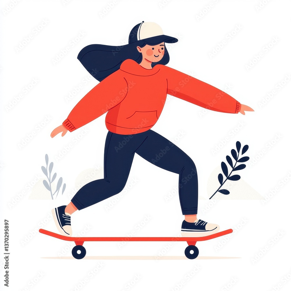 Obraz premium Young Woman Skateboarding Outdoors Active Lifestyle Red Hoodie Casual Fashion Graphic Illustration