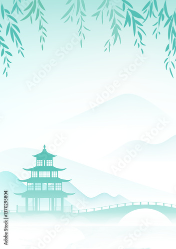 Chinese style vertical plate illustration design Chinese architecture ink landscape