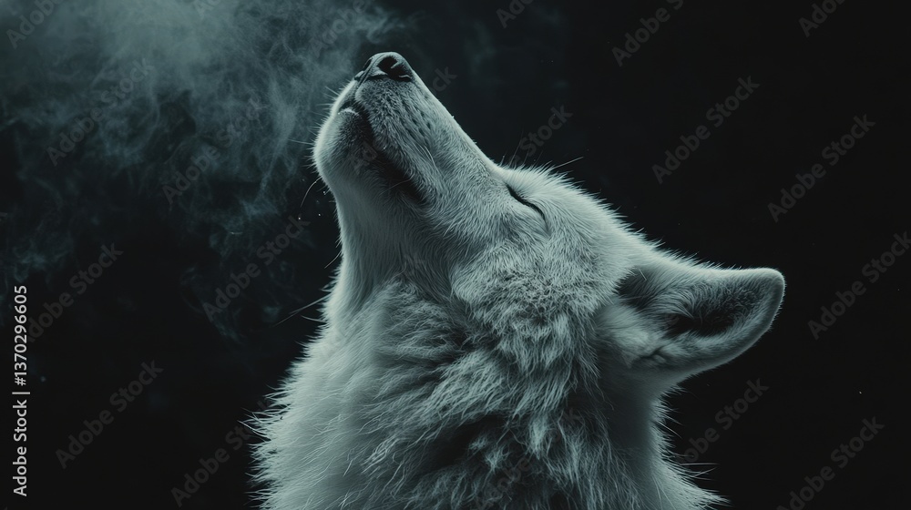 Naklejka premium Serene wolf portrait. Eyes closed, mouth open, gazing skyward. Stark contrast & smoky atmosphere evoke mystery and quiet strength