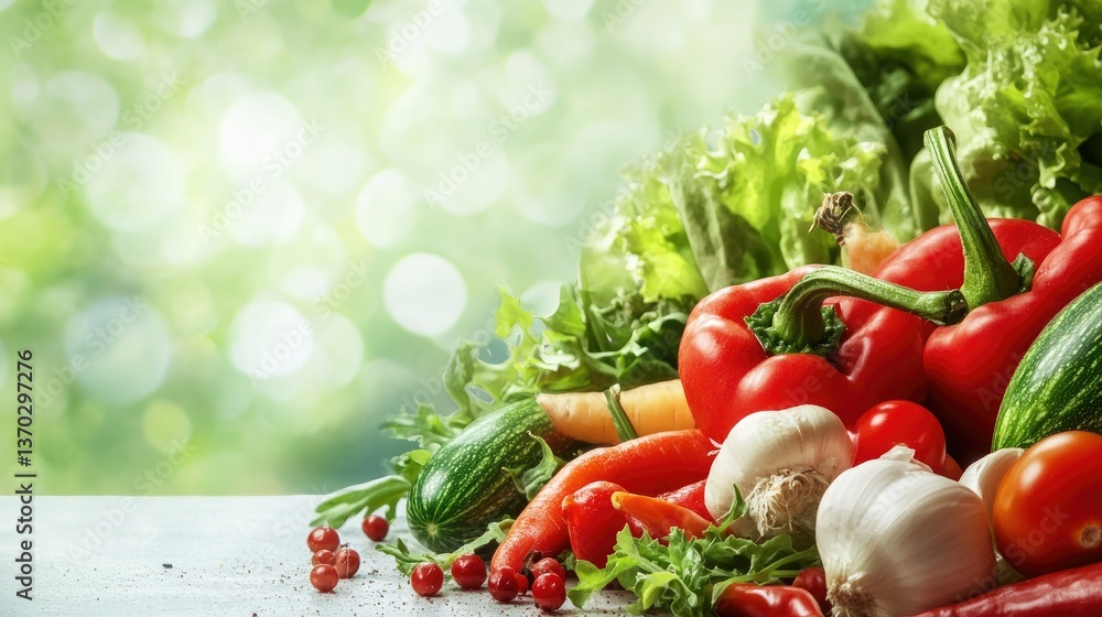 Fresh Vegetables and Greens Still Life Arrangement on a White Surface Fresh Vegetables and Greens Still Life Arrangement on a White Surface