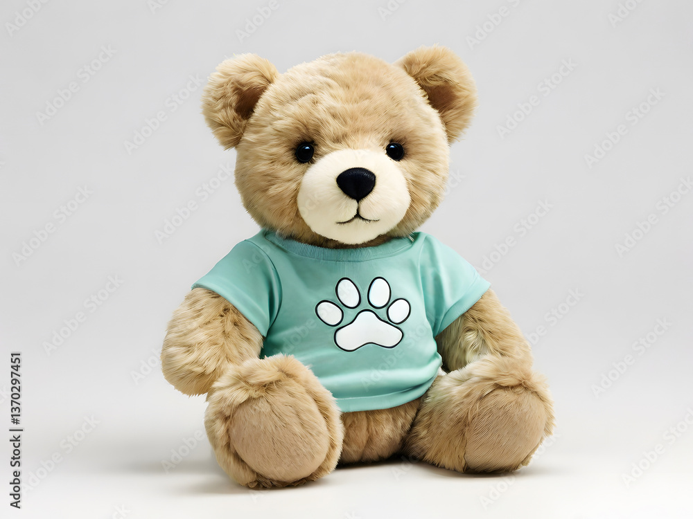 A delightful image of a teddy bear with a light Green t-shirt and a white paw print, showcasing a playful and endearing character. A delightful image of a teddy bear with a light Green t-shirt and a white paw print, showcasing a playful and endearing character.