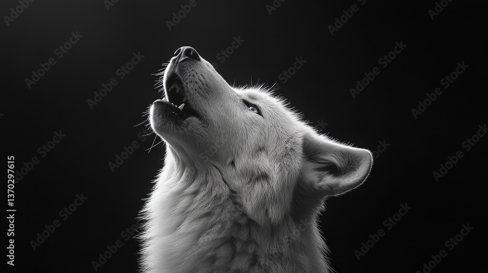 Fototapeta premium Striking black and white portrait of a wolf mid-howl. Intense gaze and stark contrast create a powerful, dramatic image