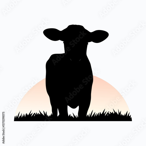 Majestic Cow Silhouette in Countryside at Sunset Vector Illustration