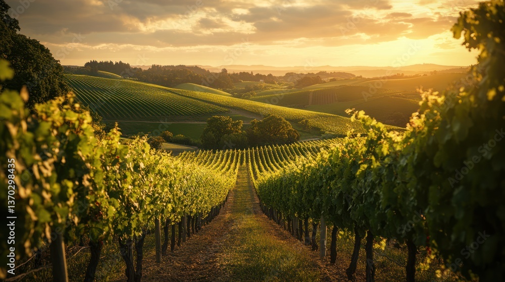 Naklejka premium Sun-drenched vineyard rows stretch into the horizon. Golden light bathes rolling hills of lush green vineyards