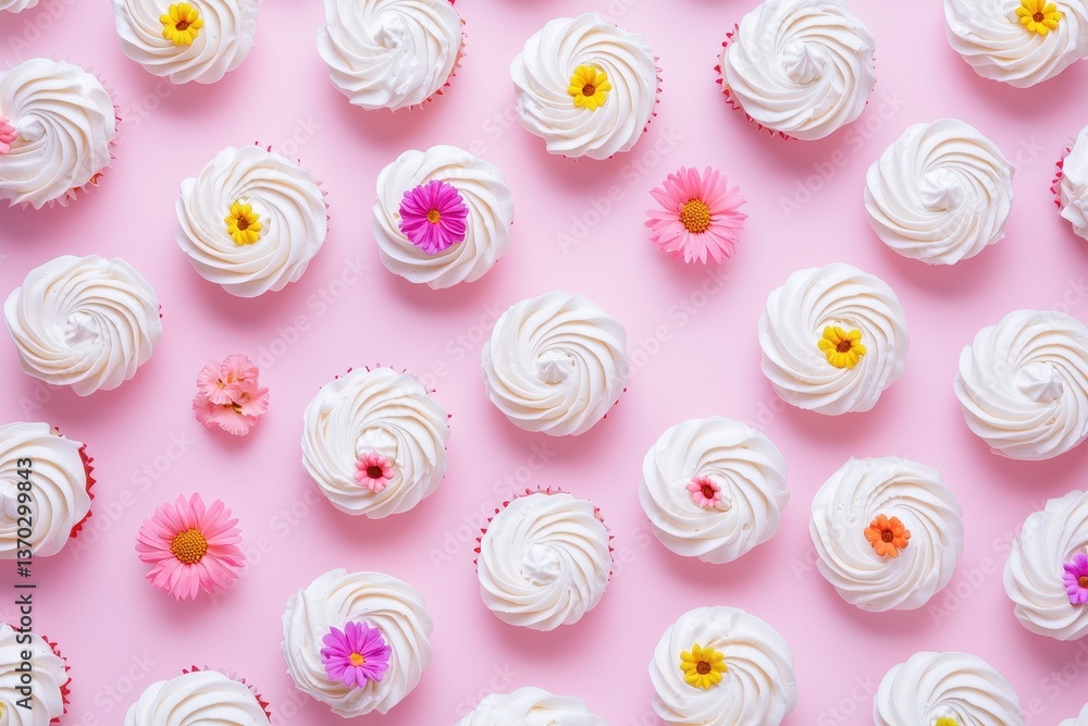 Delicious Swirl Cupcakes with Colorful Flowers on Pink Background Flat Lay Sweet Treats Delicious Swirl Cupcakes with Colorful Flowers on Pink Background Flat Lay Sweet Treats