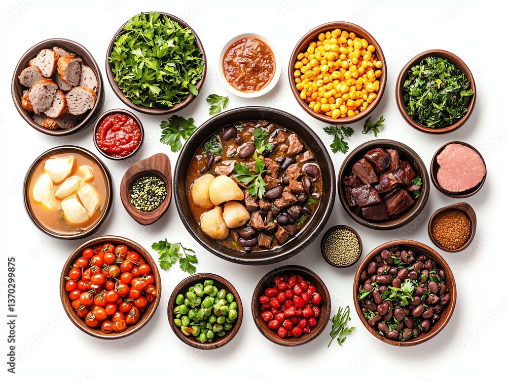 Arrangement of Stew and Other Healthy Foods in Bowls on White Arrangement of Stew and Other Healthy Foods in Bowls on White