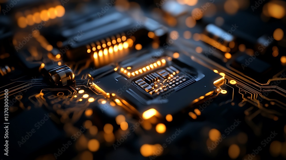 Obraz premium Close-up of illuminated circuit board, showcasing intricate technological design and glowing components.