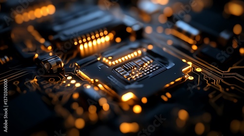 Close-up of illuminated circuit board, showcasing intricate technological design and glowing components.