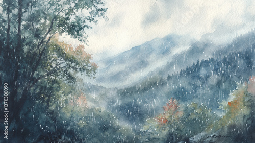 Watercolor painting of a misty mountain landscape with trees and falling rain