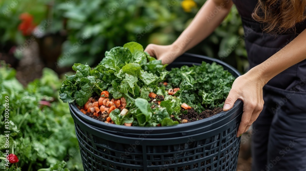 Gardening: Woman Harvesting Fresh Vegetables from Compost Bin Gardening: Woman Harvesting Fresh Vegetables from Compost Bin