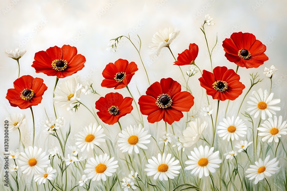 Fototapeta premium Vibrant field of colorful flowers under a bright blue sky creating a picturesque natural scene