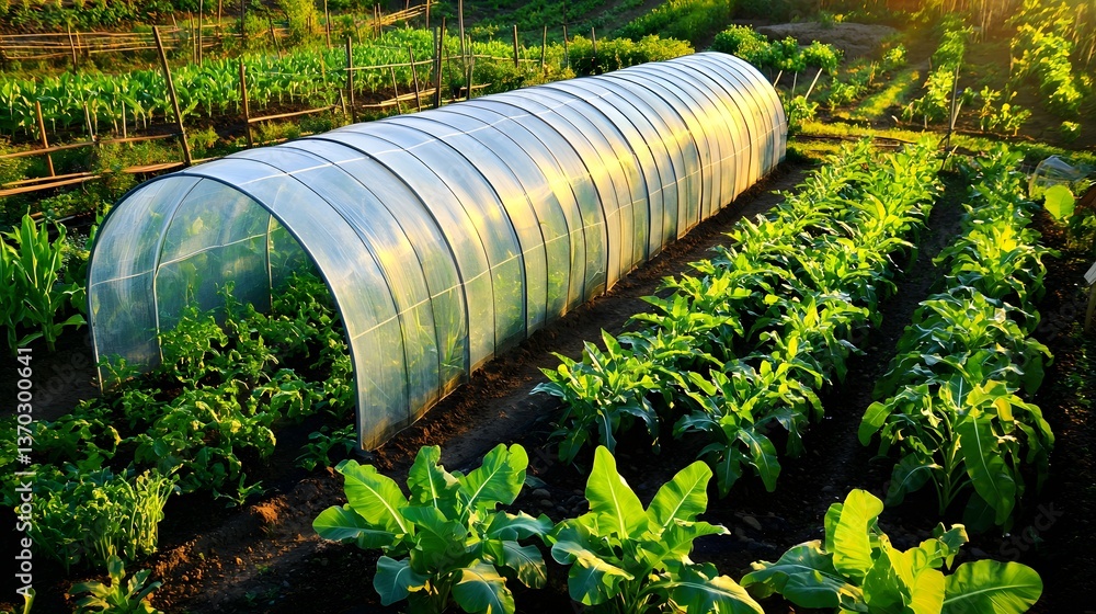 Sunlit Greenhouse Surrounded by Lush Vegetable Garden Rows in Early Morning Light Sunlit Greenhouse Surrounded by Lush Vegetable Garden Rows in Early Morning Light