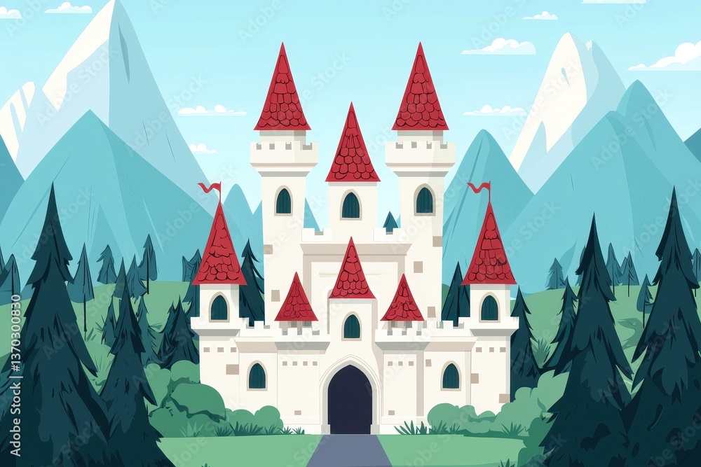 Fototapeta premium Majestic Fairytale Castle in Mountain Landscape Illustration