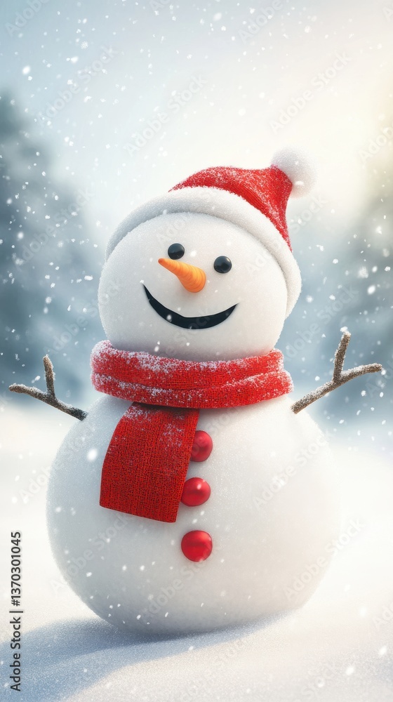 Fototapeta premium A cute snowman, wearing a red scarf, with a happy expression, set against a snowy background, phone wallpaper