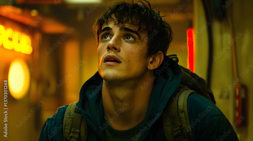Young Man with Hopeful Expression Looking Upward in an Urban Indoor Environment with Soft Lighting Young Man with Hopeful Expression Looking Upward in an Urban Indoor Environment with Soft Lighting