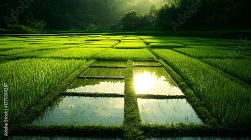 Fototapeta Naklejka Na Ścianę i Meble -  A summer rice paddy, its vibrant green reflecting the midday sun