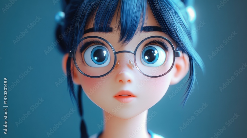 Animated Young Woman Staring with Glasses and Blue Hair Close Up Animated Young Woman Staring with Glasses and Blue Hair Close Up