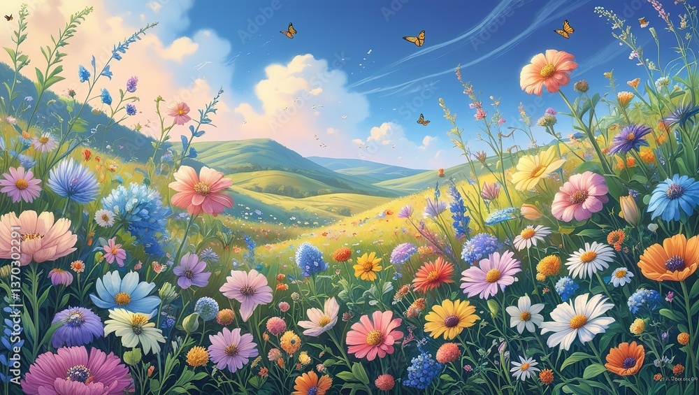 Obraz premium Colorful Floral Landscape with Butterflies in a Spring Meadow