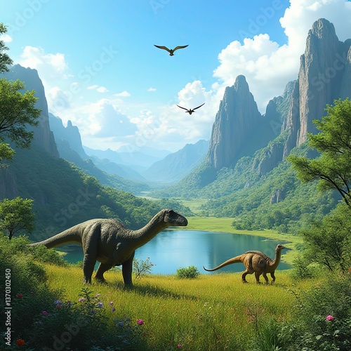 Argentinosaurus grazing peacefully in a large open field with mountains in the background of dinosaurs