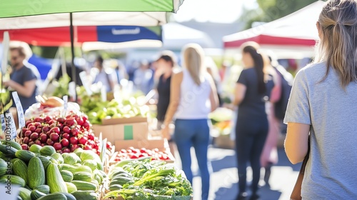 A woman browses fresh produce at a bustling outdoor farmers market.