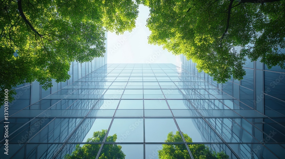 Obraz premium Modern Glass Skyscraper and Lush Greenery: A Vision of Sustainable Urban Development