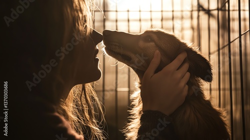 A woman connects with a dog through the bars of a kennel.