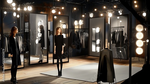 A woman considers her reflection in a mirror within a dimly lit, upscale clothing store.