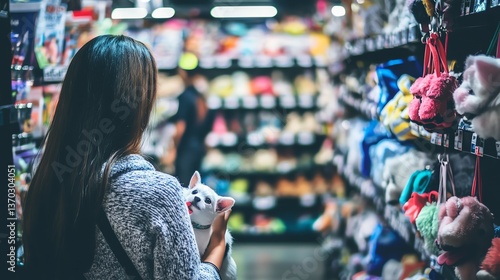 A woman holds a small white dog while browsing pet supplies in a store.