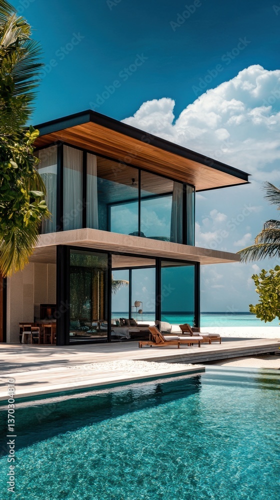 Fototapeta premium Tropical modern villa with infinity pool overlooking the turquoise ocean