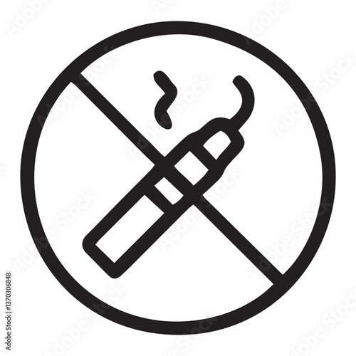Minimalist black icon of vape device crossed by bold slash. Clear symbol emphasizes restriction, reinforcing vaping ban through universal visual language. Vaping prohibition and control symbol concept