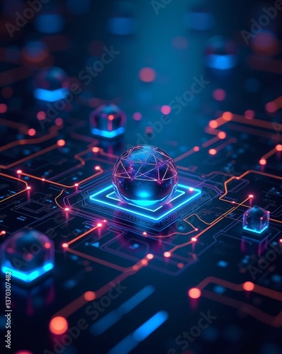 close-up shot of a futuristic circuit board with glowing elements and a neon effect, symbolizing technology. It shows a network of intricate pathways and glowing nodes.