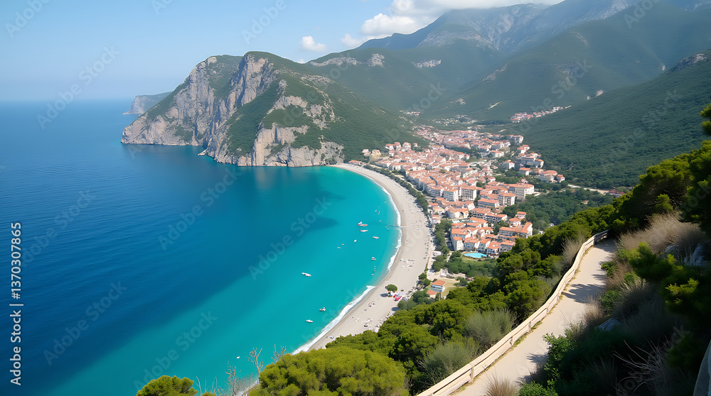 Obraz premium Aerial View of a Picturesque Coastal Mountain Village with Winding Roads, Turquoise Beaches, and Mediterranean Charm – Ideal Summer Destination